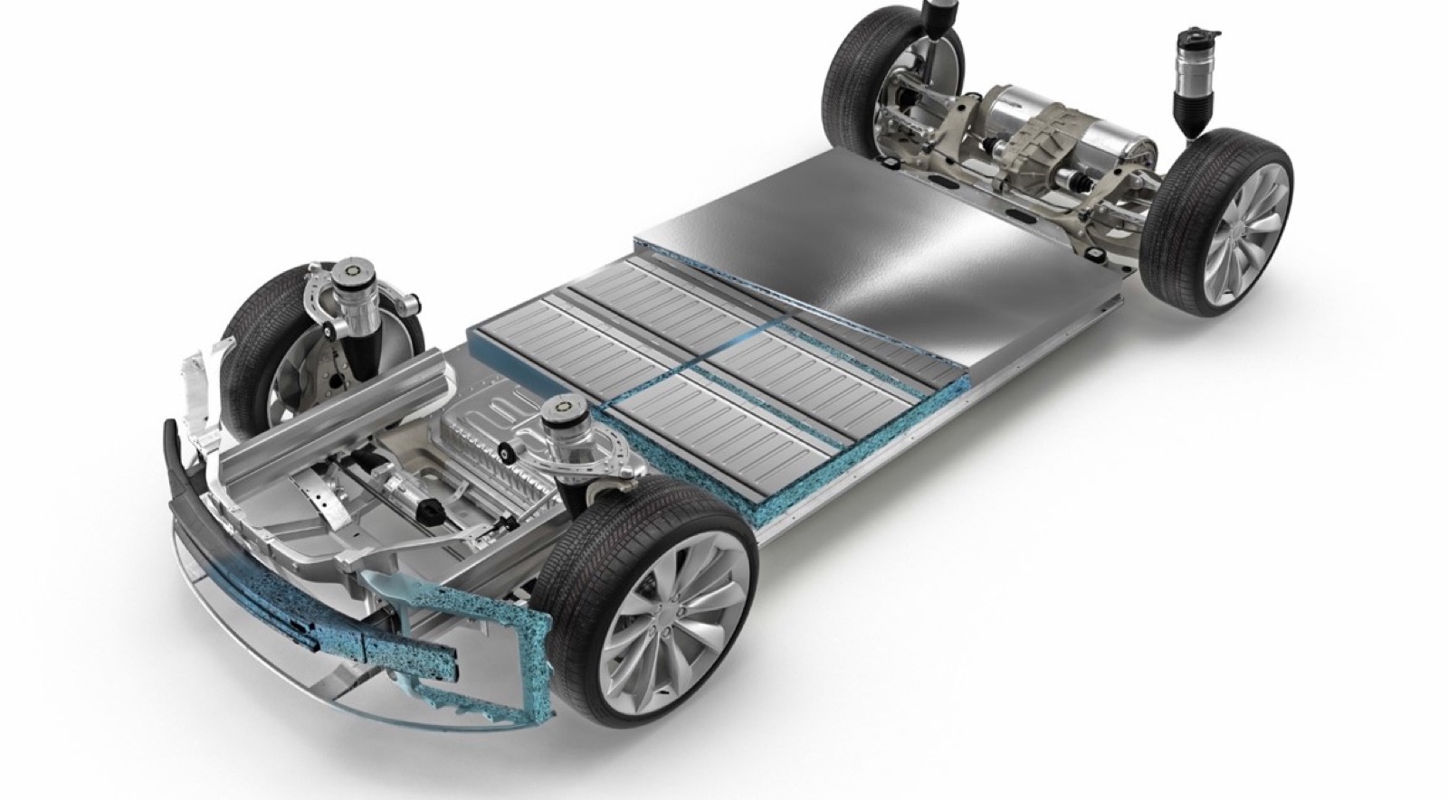 Schematic view of an electric vehicle platform from diagonally above: chassis, wheels and the flat battery block in the floor. The aluminum foam components are colored blue and shown with a foam structure, among them the frame around the battery block and cross members in the front end.