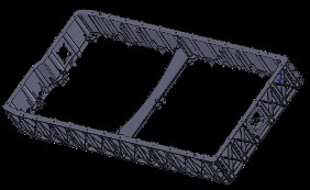 Design drawing of a rectangular battery frame with two large cut-outs and a truss structure all round.