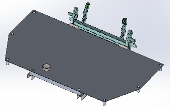 Design drawing of a flat floor element with a bevelled corner, fastening points on the underside and a profile beam mounted on top.