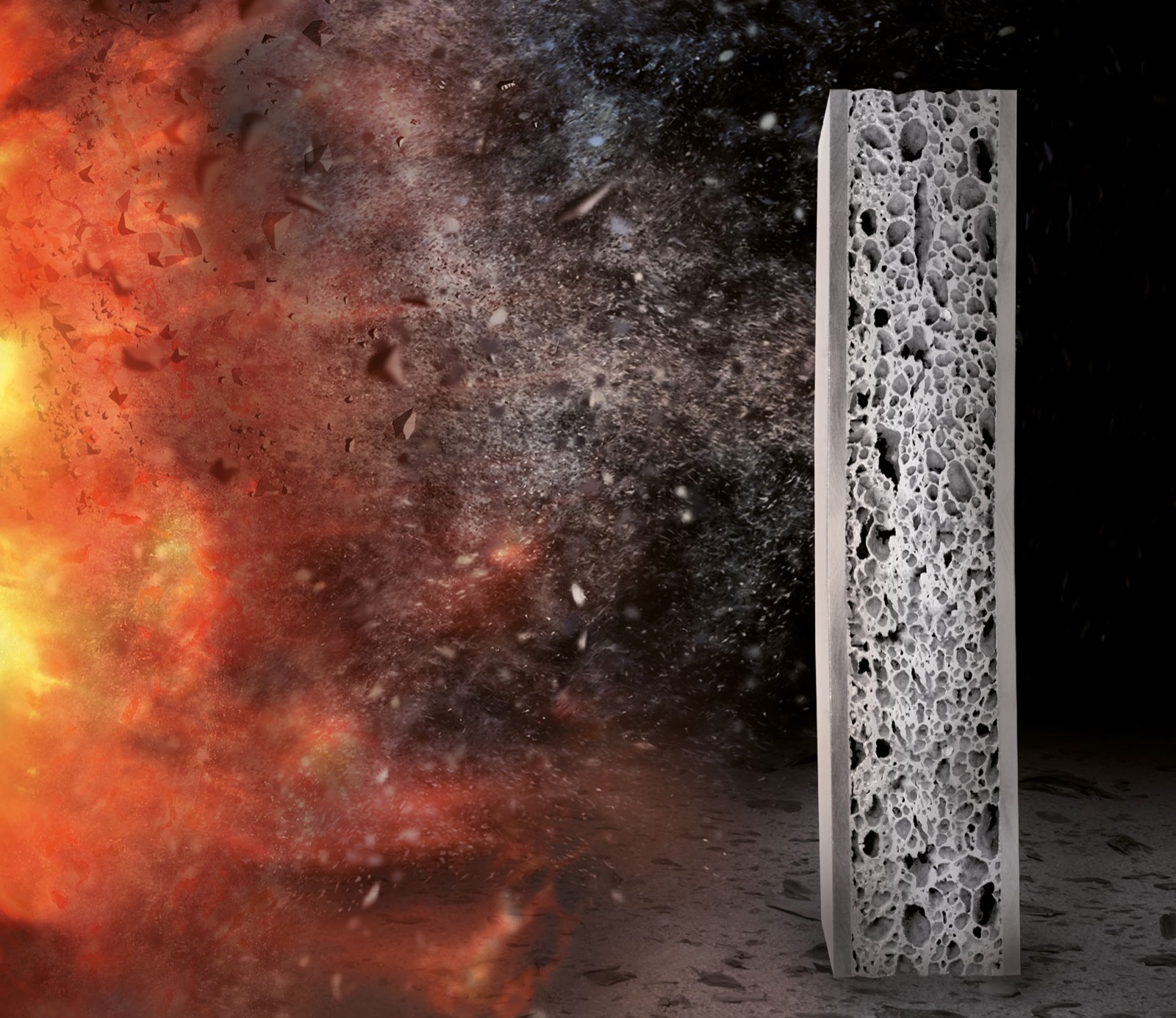 Schematic drawing: on the right, an upright sandwich panel shown in section, so that the aluminum foam core is visible between two cover layers; to its left, a depicted explosion cloud.