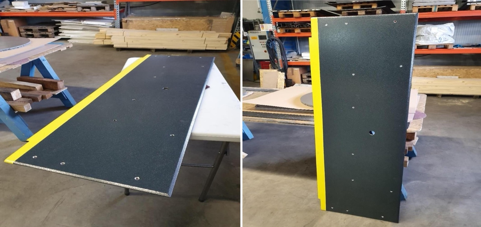 Two workshop shots of the same step: an elongated plate with a dark, slip-resistant surface, a yellow edge marking and countersunk screw holes. The aluminum foam core can be seen at the cut edge.